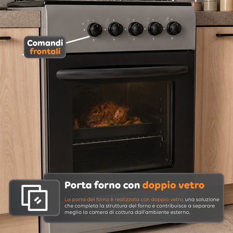 Cuisinière à gaz 50x50 cm avec four à gaz de 49 litres, 4 brûleurs de puissances différentes, valves de sécurité et couvercle