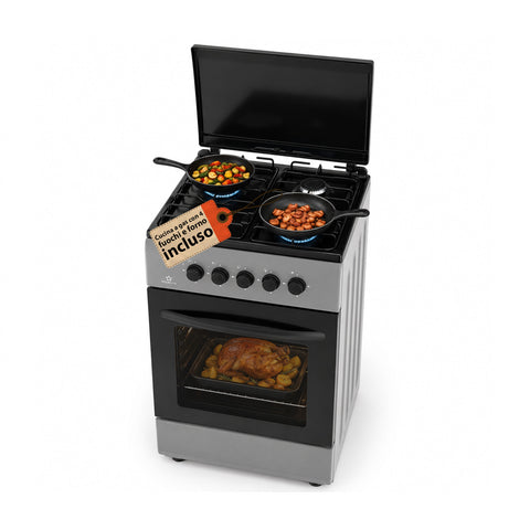 Cuisinière à gaz 50x50 cm avec four à gaz de 49 litres, 4 brûleurs de puissances différentes, valves de sécurité et couvercle