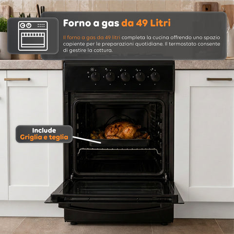 Cuisinière à gaz 50x50 cm avec four à gaz de 49 litres, 4 brûleurs de puissances différentes, valves de sécurité et couvercle