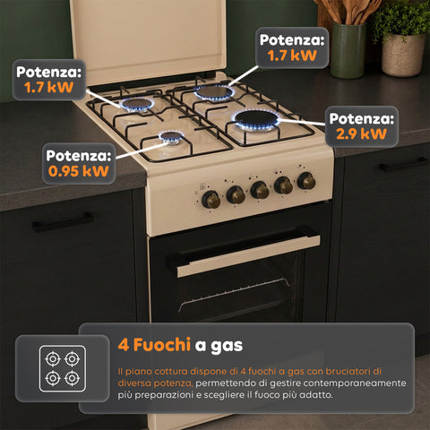 Cuisinière à gaz 50x50 cm avec four à gaz de 49 litres, 4 brûleurs de puissances différentes, valves de sécurité et couvercle