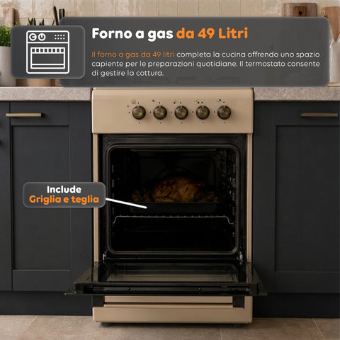 Cuisinière à gaz 50x50 cm avec four à gaz de 49 litres, 4 brûleurs de puissances différentes, valves de sécurité et couvercle