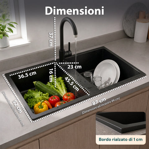 Évier de cuisine double bac avec ou sans égouttoir, blanc ou noir, robinet inclus