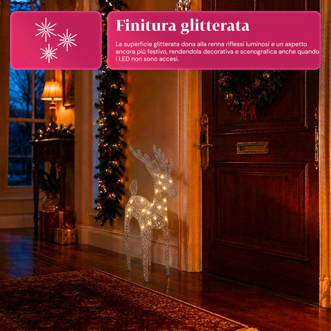Verlicht rendier van 90 cm met glitter en warmwit ledlicht | Kerstdecoratie van vlechtwerk – 2 afwerkingen, 3 kleuren