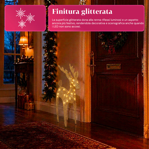 Verlicht rendier van 90 cm met glitter en warmwit ledlicht | Kerstdecoratie van vlechtwerk – 2 afwerkingen, 3 kleuren