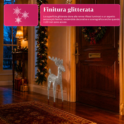 Verlicht rendier van 90 cm met glitter en warmwit ledlicht | Kerstdecoratie van vlechtwerk – 2 afwerkingen, 3 kleuren