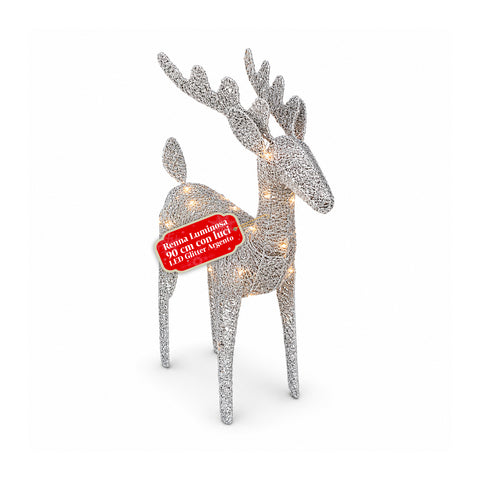 Verlicht rendier van 90 cm met glitter en warmwit ledlicht | Kerstdecoratie van vlechtwerk – 2 afwerkingen, 3 kleuren