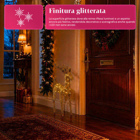 Verlicht rendier van 90 cm met glitter en warmwit ledlicht | Kerstdecoratie van vlechtwerk – 2 afwerkingen, 3 kleuren