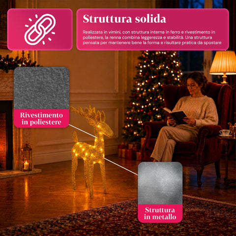 Verlicht rendier van 90 cm met glitter en warmwit ledlicht | Kerstdecoratie van vlechtwerk – 2 afwerkingen, 3 kleuren
