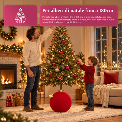 Grote kerstboomvoet met fluweeleffect, 41x41x44 cm, voor bomen tot 180 cm – voetafdekking met bevestiging Ø 4 cm, bordeauxrood en groen