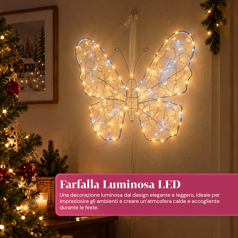 Witte ledvlinder van 50x40 cm – decoratieve ijzeren lamp met gouden draad, warm- en koudwitte lichtjes, USB-voeding en haak