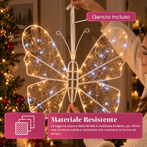 Witte ledvlinder van 50x40 cm – decoratieve ijzeren lamp met gouden draad, warm- en koudwitte lichtjes, USB-voeding en haak