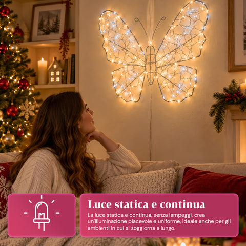 Witte ledvlinder van 50x40 cm – decoratieve ijzeren lamp met gouden draad, warm- en koudwitte lichtjes, USB-voeding en haak