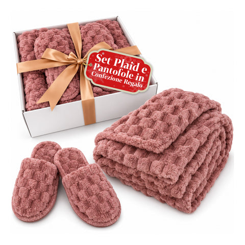 Set zachte en warme deken en pantoffels | zachte plaid 130x160 cm, pantoffels in één maat, 4 kleuren