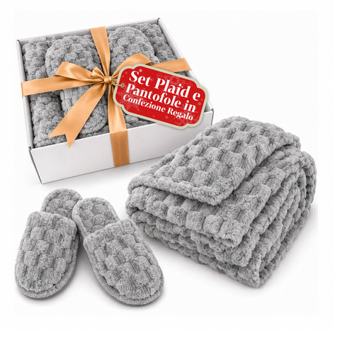 Set zachte en warme deken en pantoffels | zachte plaid 130x160 cm, pantoffels in één maat, 4 kleuren