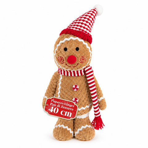 Ginger-peperkoekpop van pluche, 30 en 40 cm – kerstdecoratie met koksmuts of kerstmuts