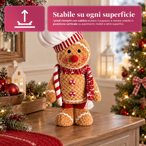 Ginger-peperkoekpop van pluche, 30 en 40 cm – kerstdecoratie met koksmuts of kerstmuts