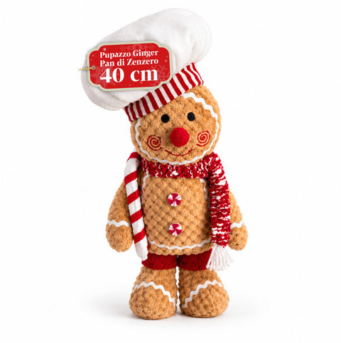 Ginger-peperkoekpop van pluche, 30 en 40 cm – kerstdecoratie met koksmuts of kerstmuts