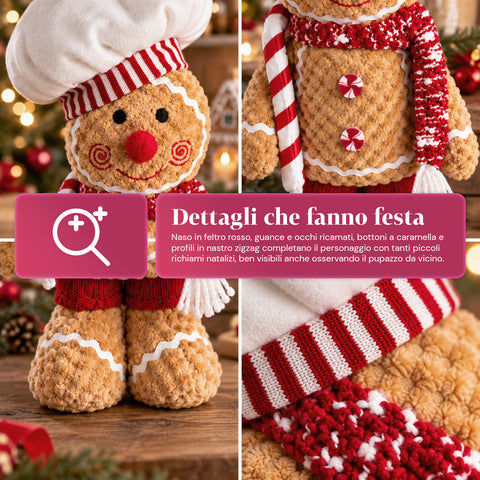 Ginger-peperkoekpop van pluche, 30 en 40 cm – kerstdecoratie met koksmuts of kerstmuts