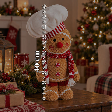 Ginger-peperkoekpop van pluche, 30 en 40 cm – kerstdecoratie met koksmuts of kerstmuts