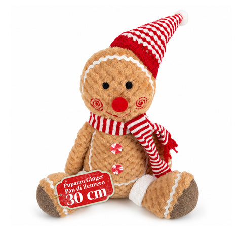 Ginger-peperkoekpop van pluche, 30 en 40 cm – kerstdecoratie met koksmuts of kerstmuts