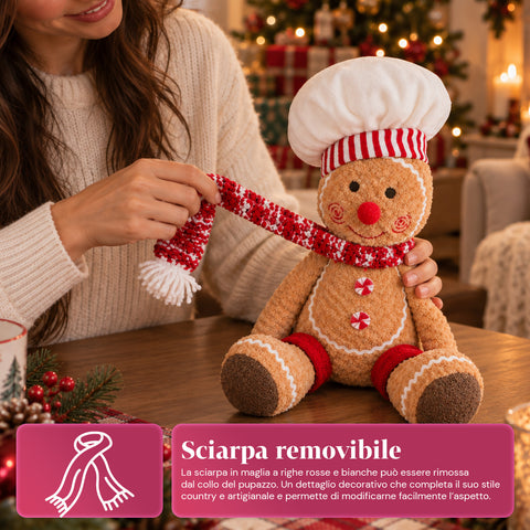 Ginger-peperkoekpop van pluche, 30 en 40 cm – kerstdecoratie met koksmuts of kerstmuts