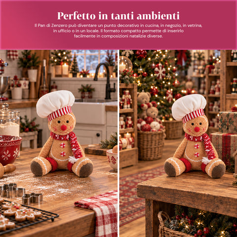 Ginger-peperkoekpop van pluche, 30 en 40 cm – kerstdecoratie met koksmuts of kerstmuts