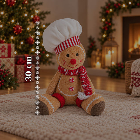 Ginger-peperkoekpop van pluche, 30 en 40 cm – kerstdecoratie met koksmuts of kerstmuts