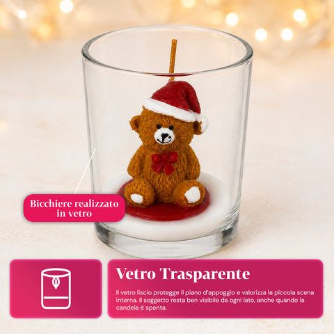 Bougie de Noël dans un verre de 7 cm avec des oursons assortis