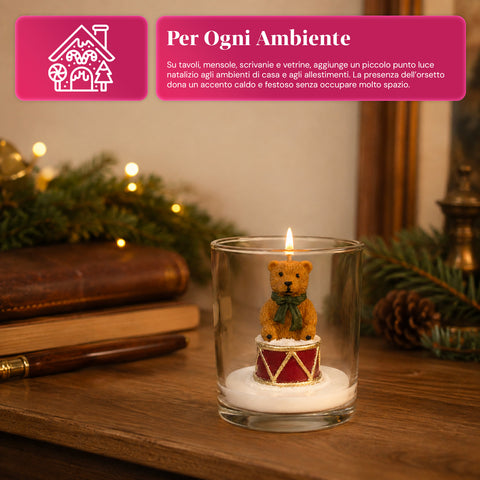 Kerstkaars in glazen pot, 7 cm – beertje met kerstmuts of beer op trommel – decoratie en tafeldecoratie