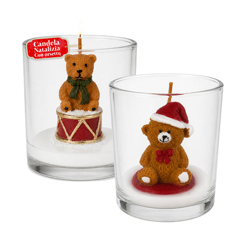 Bougie de Noël dans un verre de 7 cm avec des oursons assortis