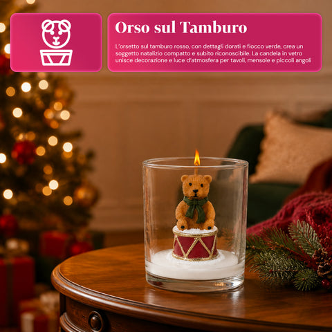 Kerstkaars in glazen pot, 7 cm – beertje met kerstmuts of beer op trommel – decoratie en tafeldecoratie