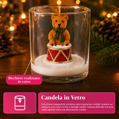 Kerstkaars in glazen pot, 7 cm – beertje met kerstmuts of beer op trommel – decoratie en tafeldecoratie