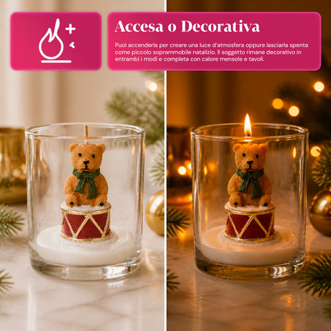 Kerstkaars in glazen pot, 7 cm – beertje met kerstmuts of beer op trommel – decoratie en tafeldecoratie