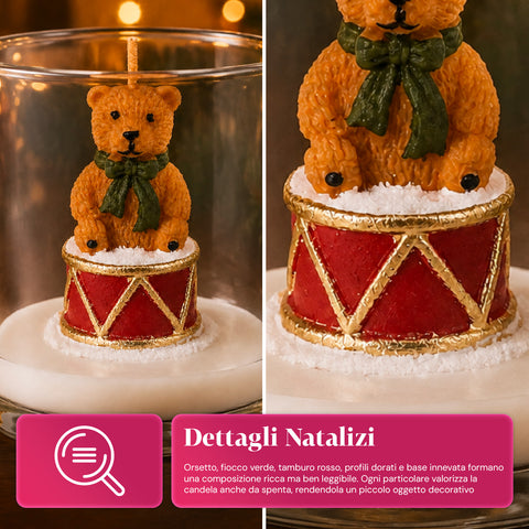 Kerstkaars in glazen pot, 7 cm – beertje met kerstmuts of beer op trommel – decoratie en tafeldecoratie