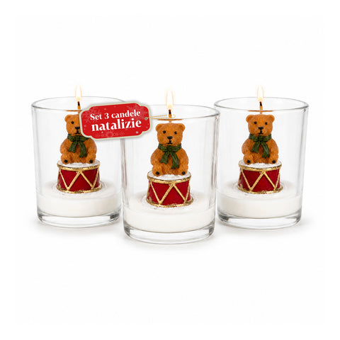 Kerstkaars in glazen pot, 7 cm – beertje met kerstmuts of beer op trommel – decoratie en tafeldecoratie
