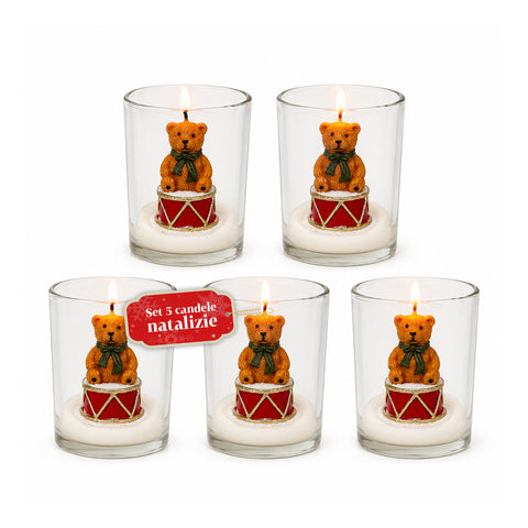 Kerstkaars in glazen pot, 7 cm – beertje met kerstmuts of beer op trommel – decoratie en tafeldecoratie