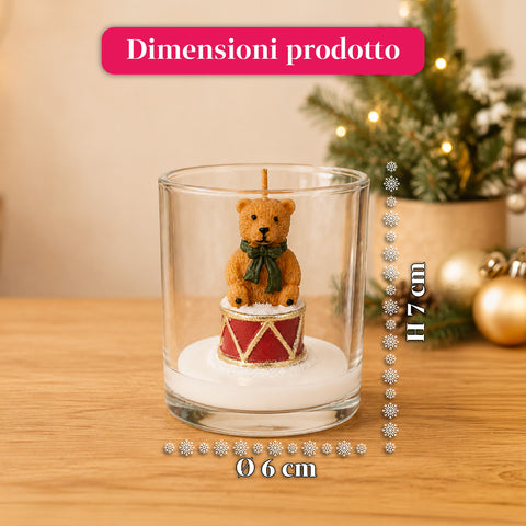 Kerstkaars in glazen pot, 7 cm – beertje met kerstmuts of beer op trommel – decoratie en tafeldecoratie