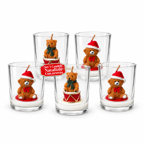 Bougie de Noël dans un verre de 7 cm avec des oursons assortis