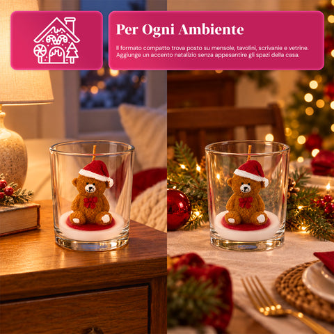 Kerstkaars in glazen pot, 7 cm – beertje met kerstmuts of beer op trommel – decoratie en tafeldecoratie