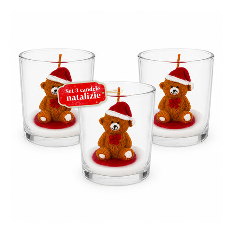 Kerstkaars in glazen pot, 7 cm – beertje met kerstmuts of beer op trommel – decoratie en tafeldecoratie