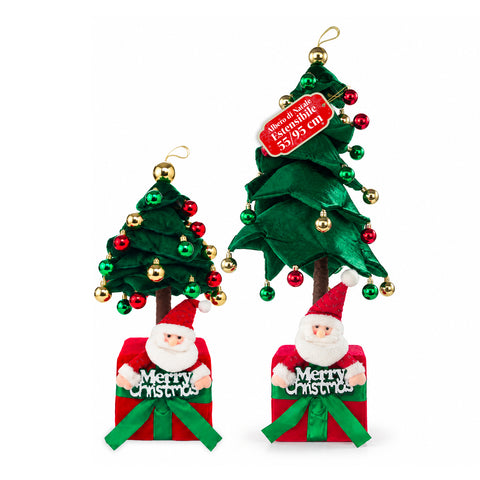 Decoratieve uitschuifbare kerstboom van 95 cm en 90 cm van polyester met geschenkdoosvoet en rode, groene en gouden kerstballen – 3 kleurvarianten