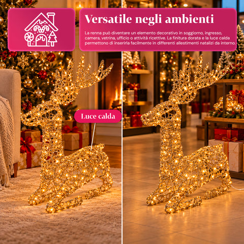 Lichtgevend hert met gouden ledglitters, kerstdecoratie van ijzer en polyethyleen, warm licht via USB, 3 maten: 65, 85 en 110 cm