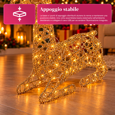 Lichtgevend hert met gouden ledglitters, kerstdecoratie van ijzer en polyethyleen, warm licht via USB, 3 maten: 65, 85 en 110 cm