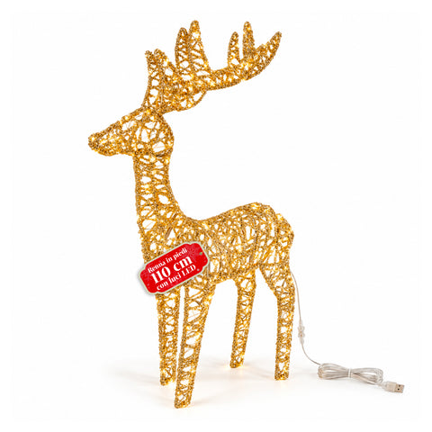 Lichtgevend hert met gouden ledglitters, kerstdecoratie van ijzer en polyethyleen, warm licht via USB, 3 maten: 65, 85 en 110 cm