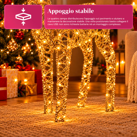 Lichtgevend hert met gouden ledglitters, kerstdecoratie van ijzer en polyethyleen, warm licht via USB, 3 maten: 65, 85 en 110 cm
