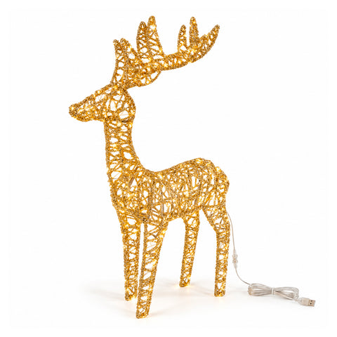 Lichtgevend hert met gouden ledglitters, kerstdecoratie van ijzer en polyethyleen, warm licht via USB, 3 maten: 65, 85 en 110 cm