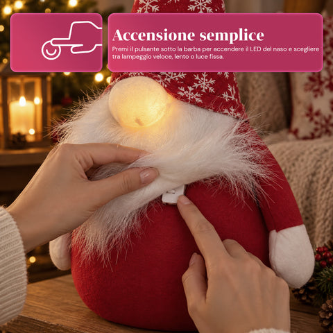 Deurstopper kerstkabouter 60 cm met led in de neus, 3 lichtstanden, gevuld met 1 kg zand, zacht polyester - Bindbox