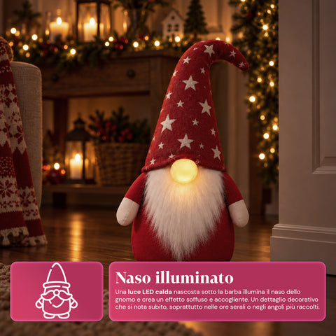 Deurstopper kerstkabouter 60 cm met led in de neus, 3 lichtstanden, gevuld met 1 kg zand, zacht polyester - Bindbox