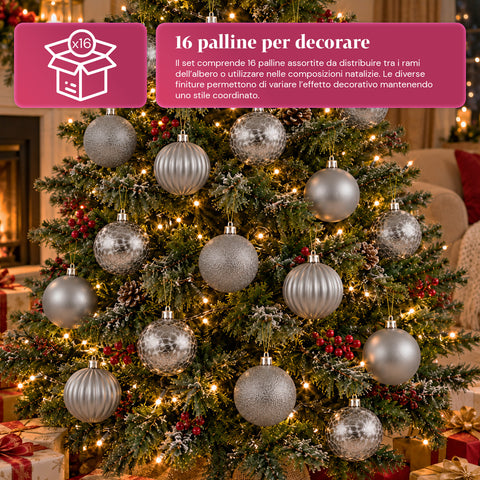 Set van 16 onbreekbare kerstballen van 7 cm - 4 gesorteerde afwerkingen: glanzend, mat en met glitter - decoratie voor boom en huis - rood, goud, zilver