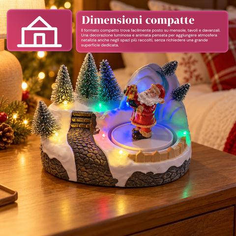 Village de Noël lumineux avec élément rotatif, lumières LED et musique – 3 variantes : sapin, père Noël, enfants – 17x14x15 cm